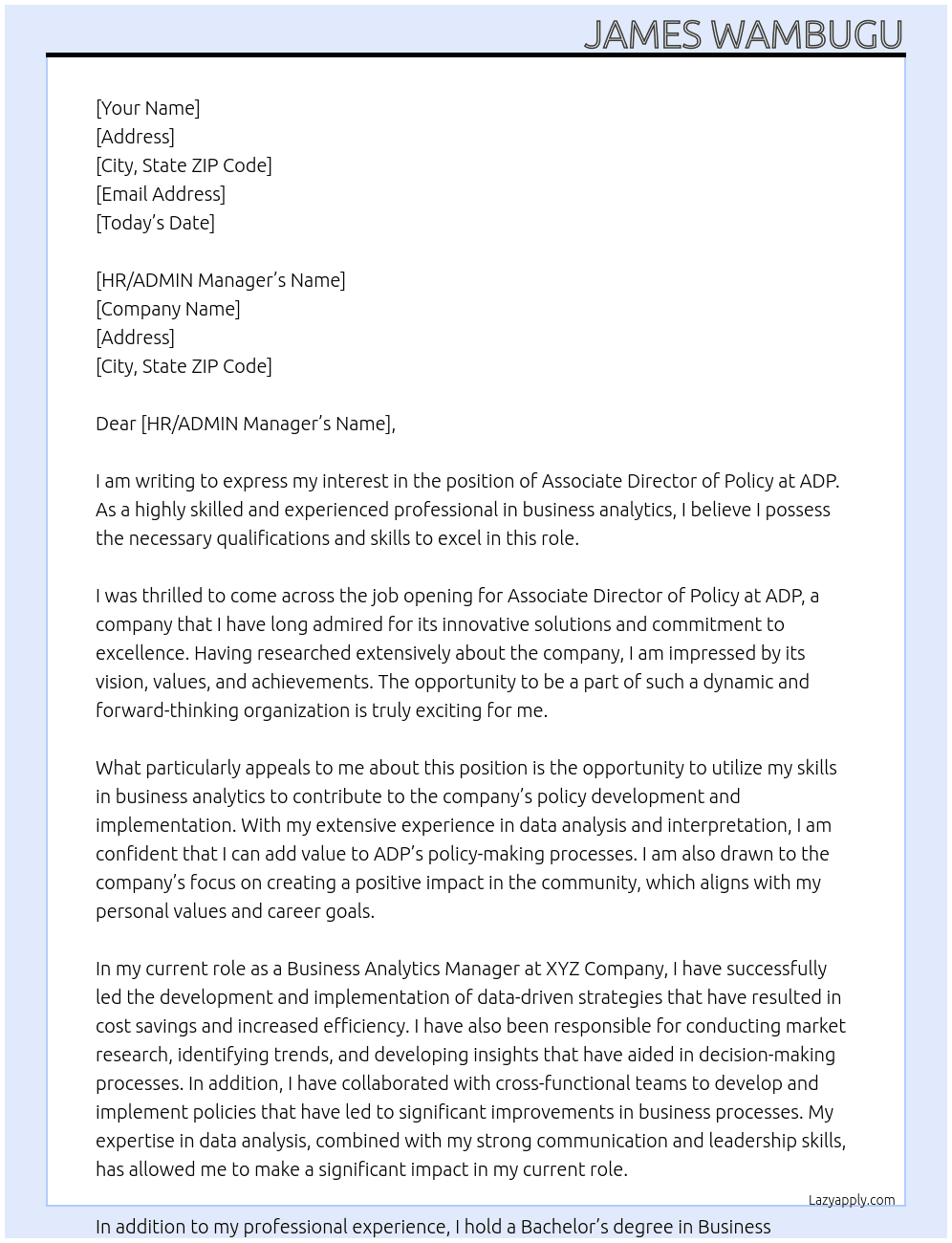 ASSOCIATE DIRECTOR OF POLICY At ADP Cover Letter