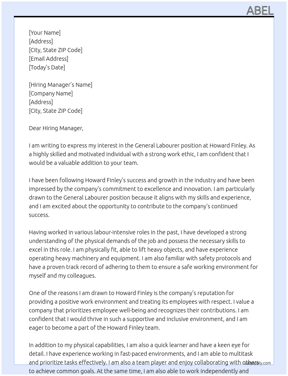 General Labourer At Howard Finley Cover Letter