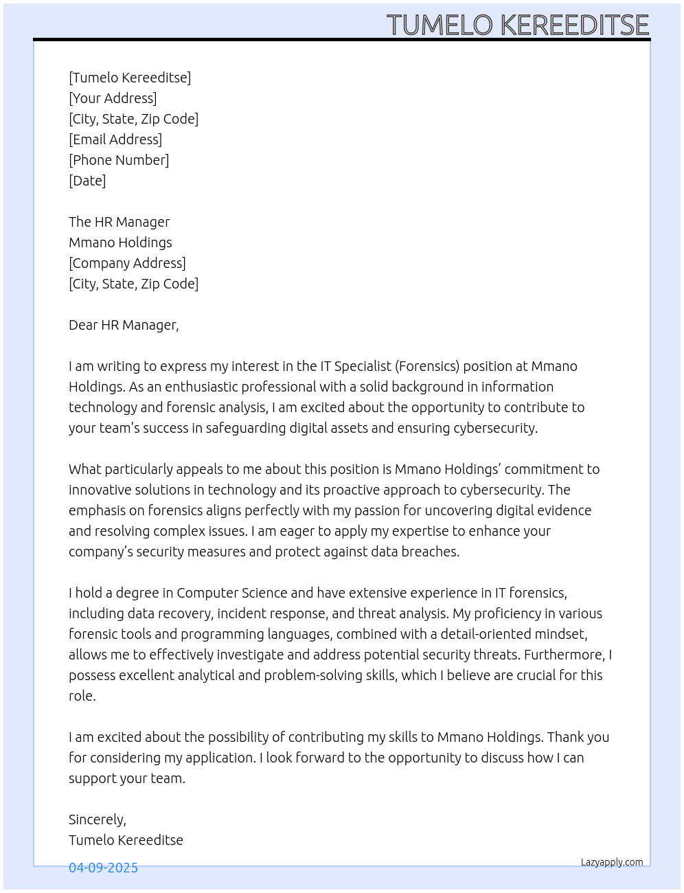 IT Specialist (Forensics) At Mmano Holdings Cover Letter