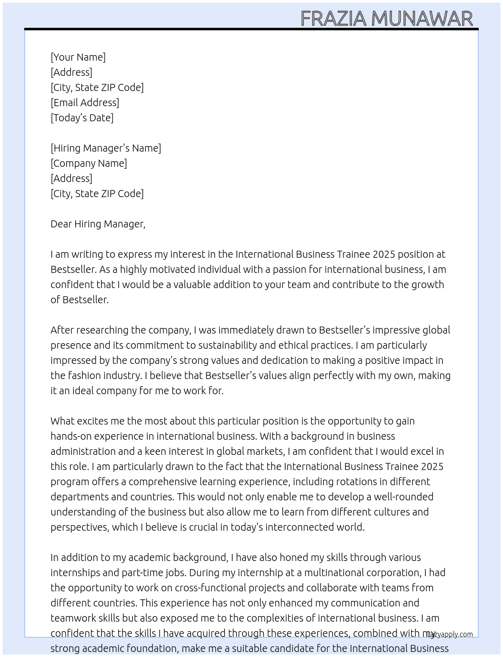 International Business Trainee 2025 At Bestseller Cover Letter