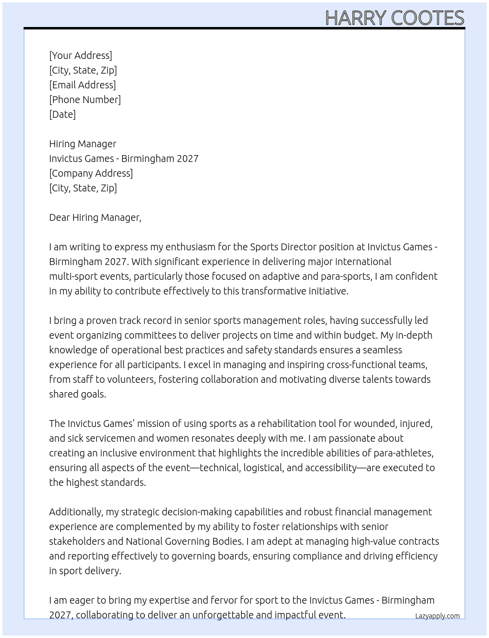 Sports Director At Invictus Games - Birmingham 2027 Cover Letter