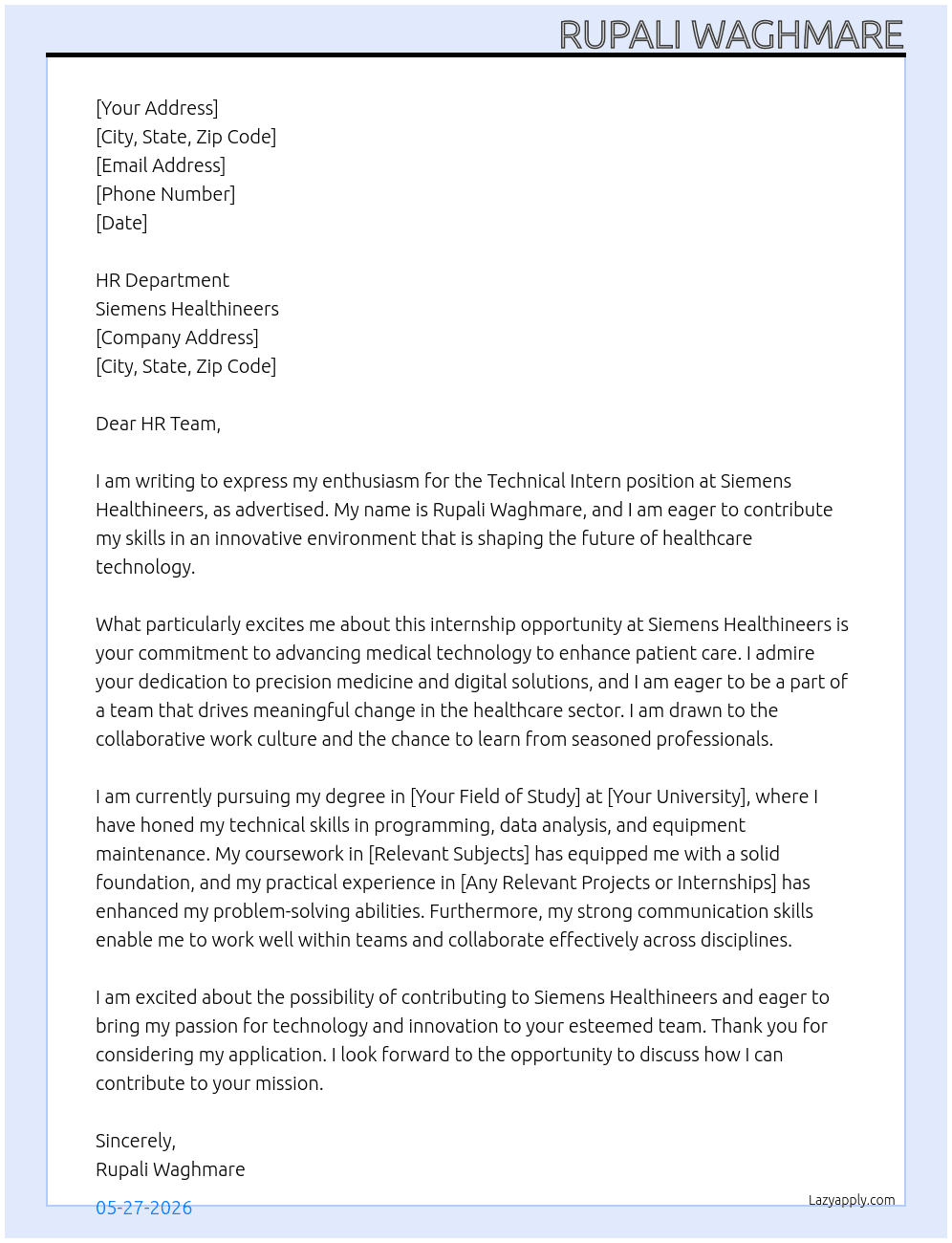 Cover letter for technical intern - LazyApply