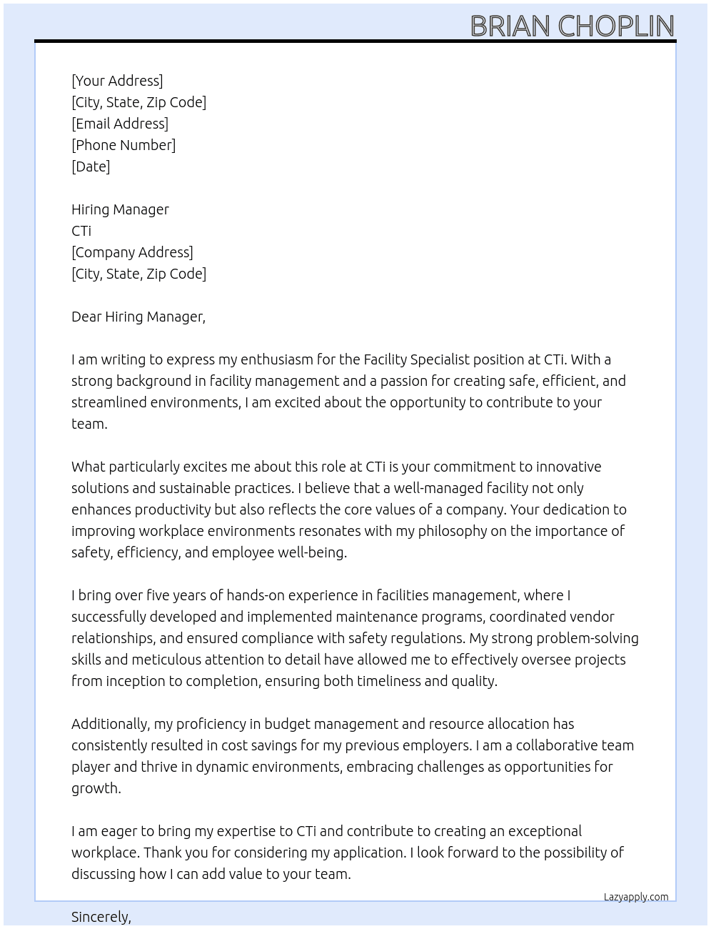 Facility Specialist At CTi Cover Letter