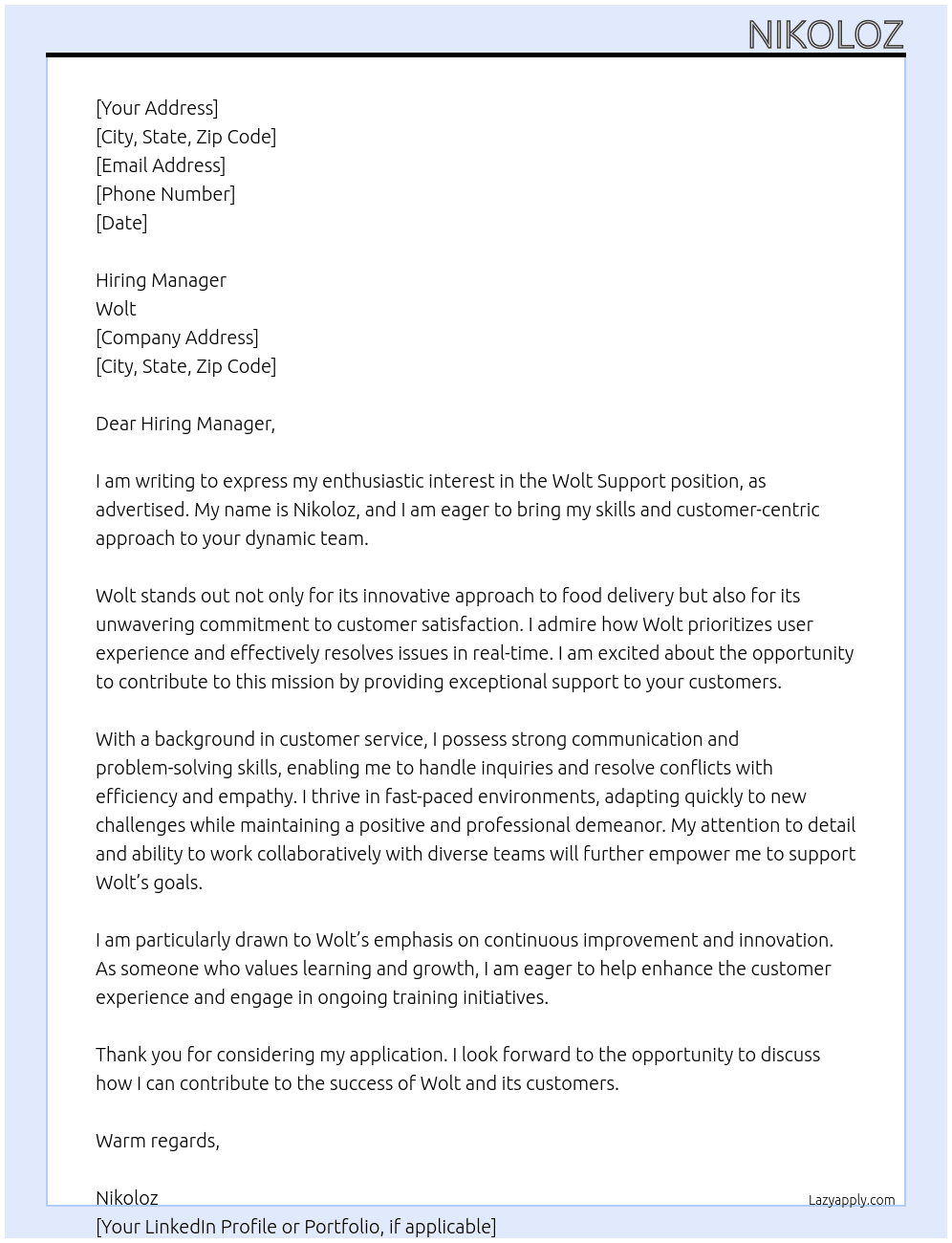 Cover letter for wolt support - LazyApply