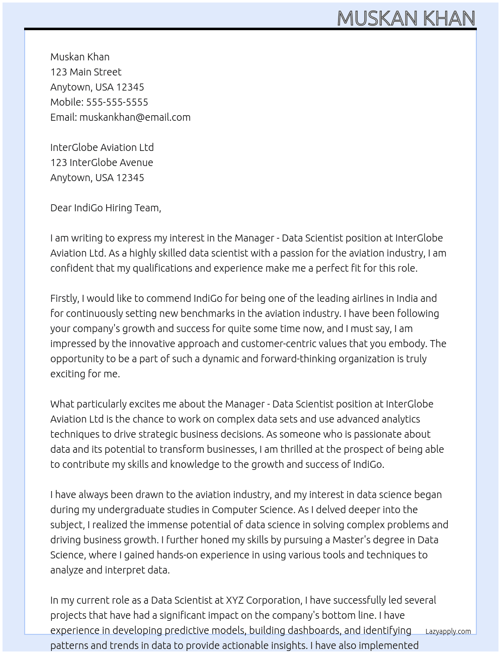 Manager - Data scientist  At InterGlobe Aviation Ltd  Cover Letter