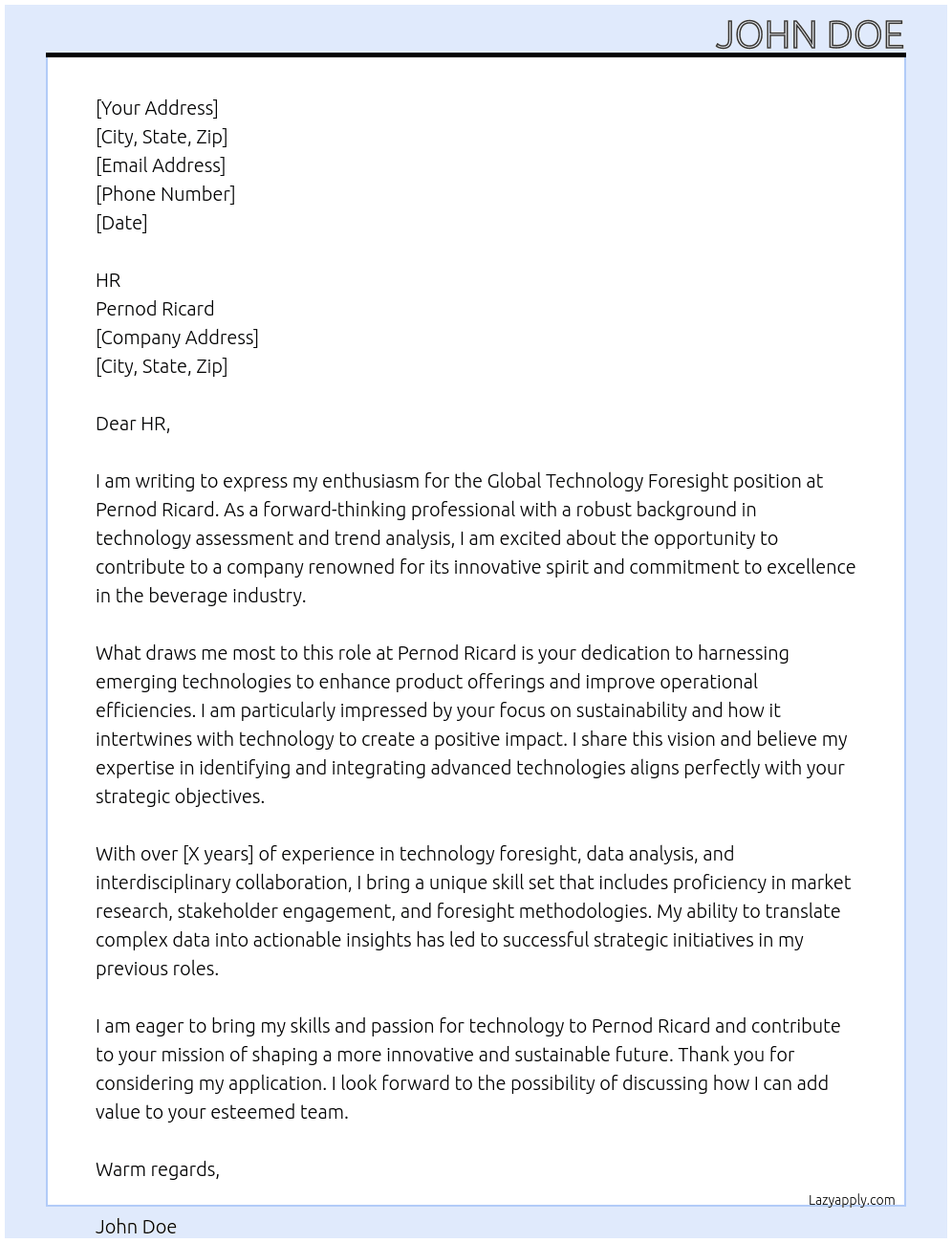Global Technology Foresight At Pernod Ricar Cover Letter