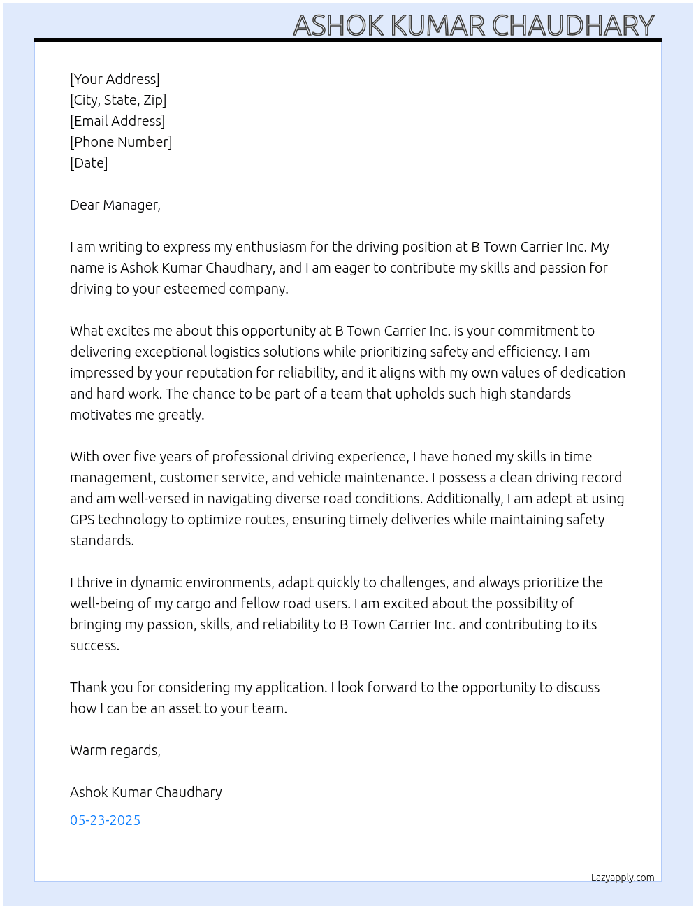 Driving  At B town carrier inc Cover Letter