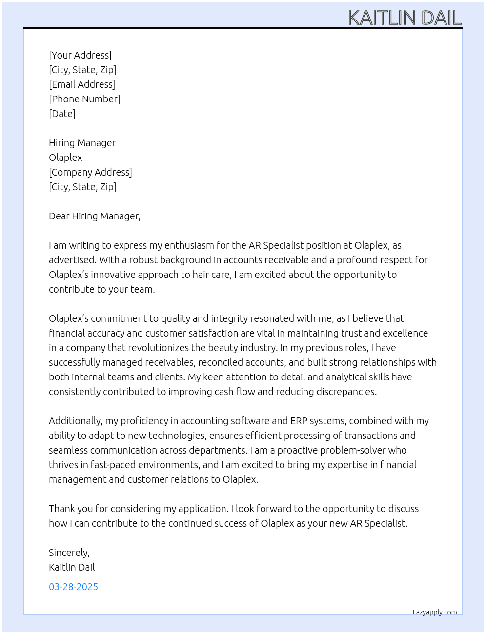 AR Specialist At Olaplex Cover Letter