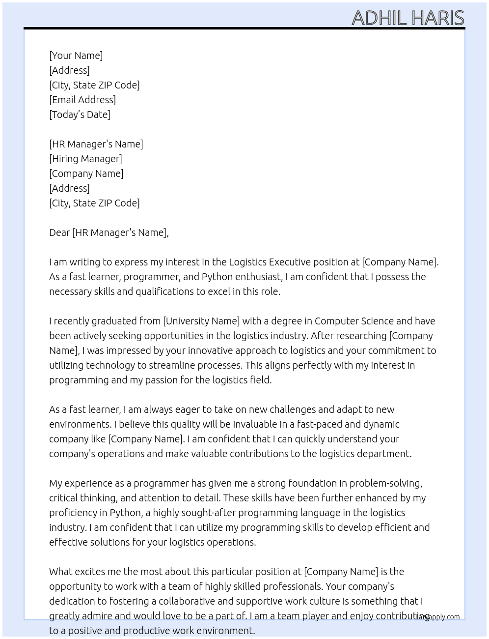 Logistics executive  At Fresher  Cover Letter