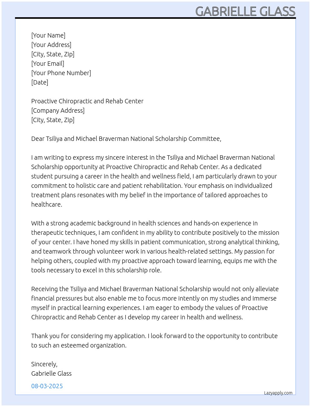scholarship At Tsiliya and Michael Braverman National Scholarship Cover Letter