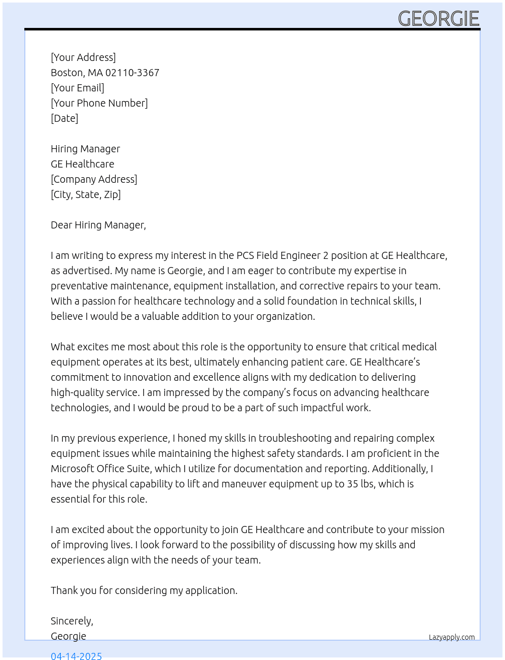 PCS Field Engineer 2 At GE Healthcare Cover Letter