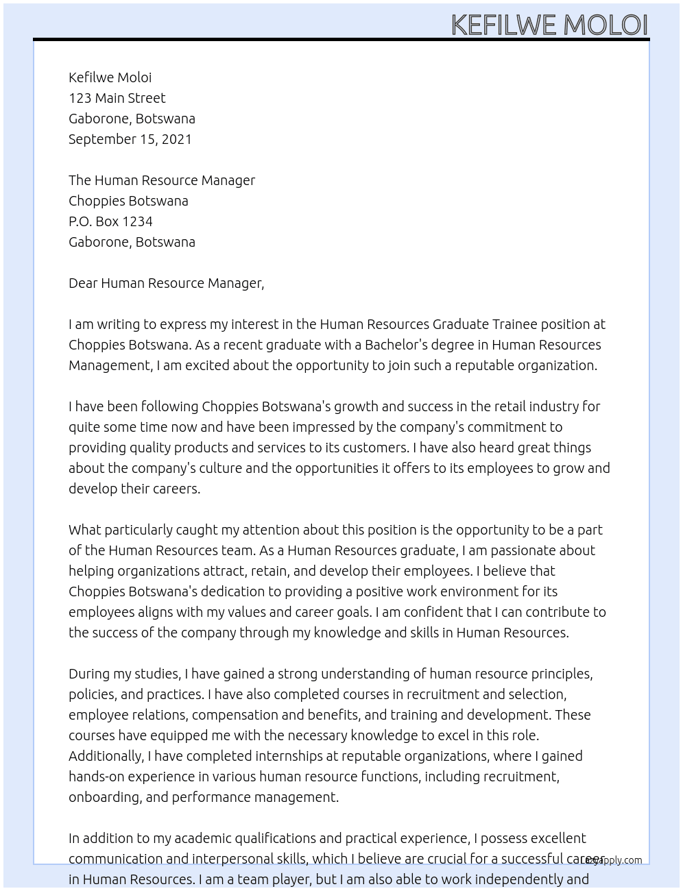Human Resources graduate trainee  At Choppies Botswana  Cover Letter