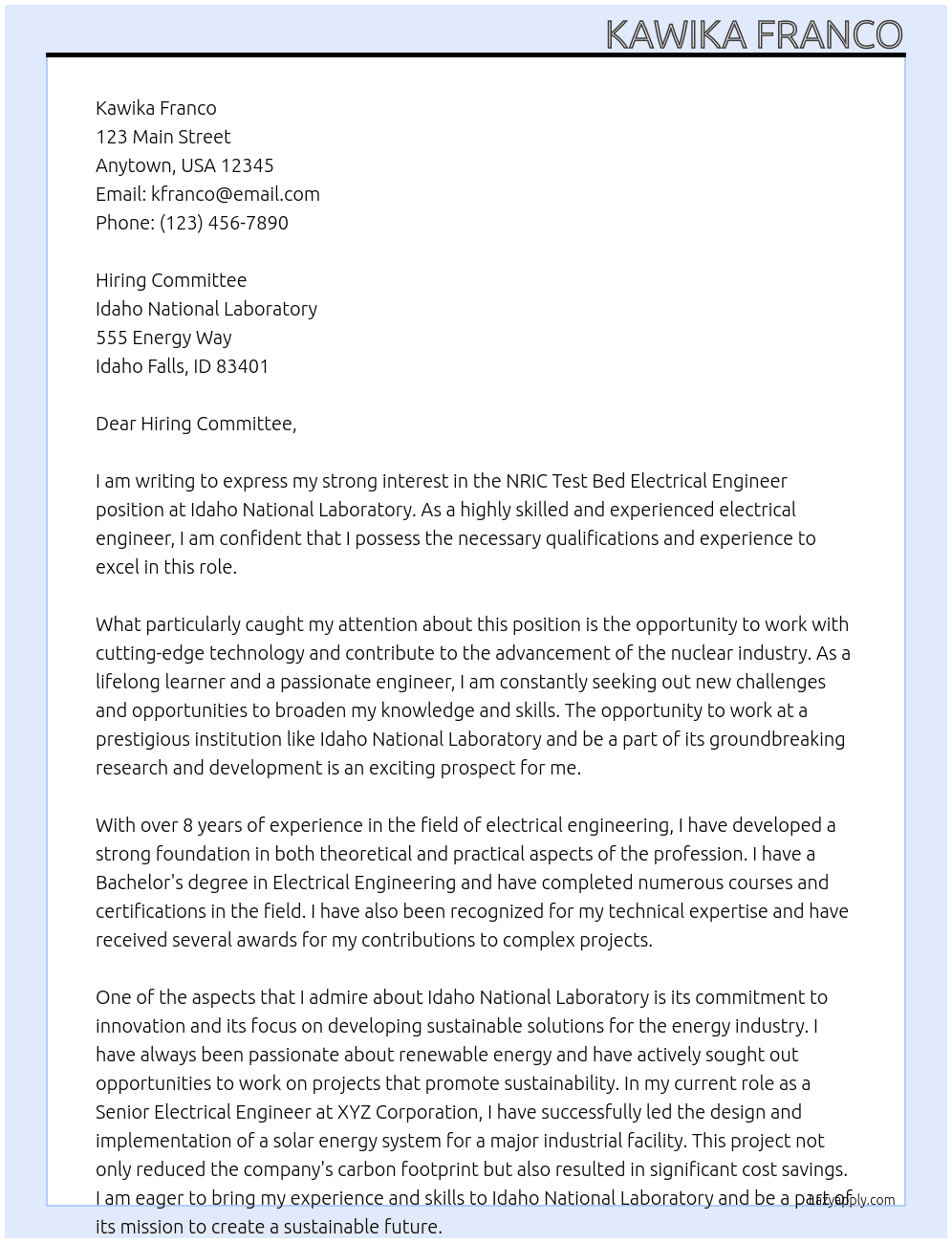 NRIC Test Bed Electrical Engineer At Idaho National Laboratory Cover Letter
