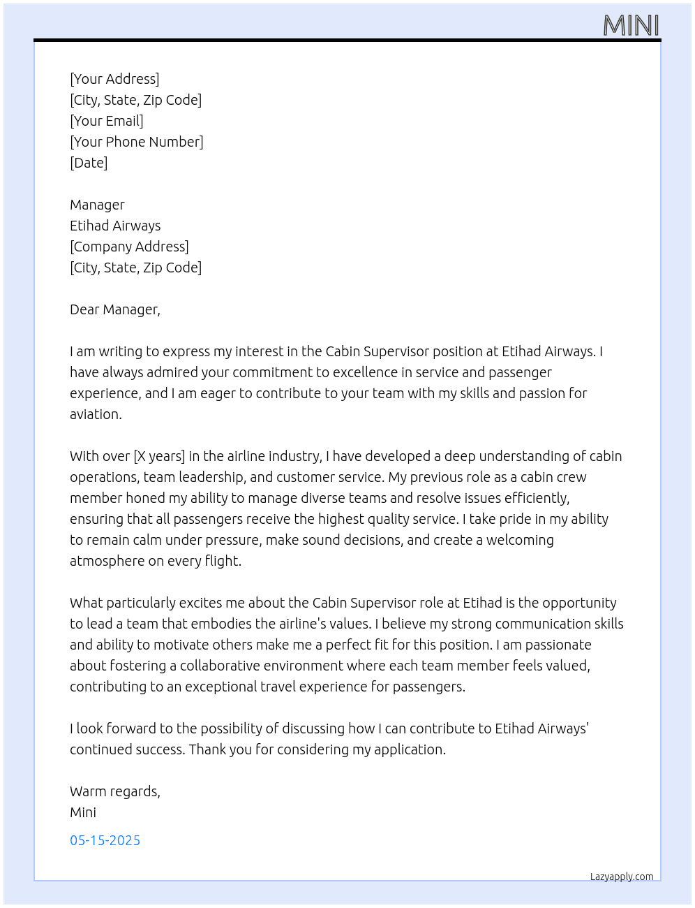 cabin supervisor At etihad Cover Letter