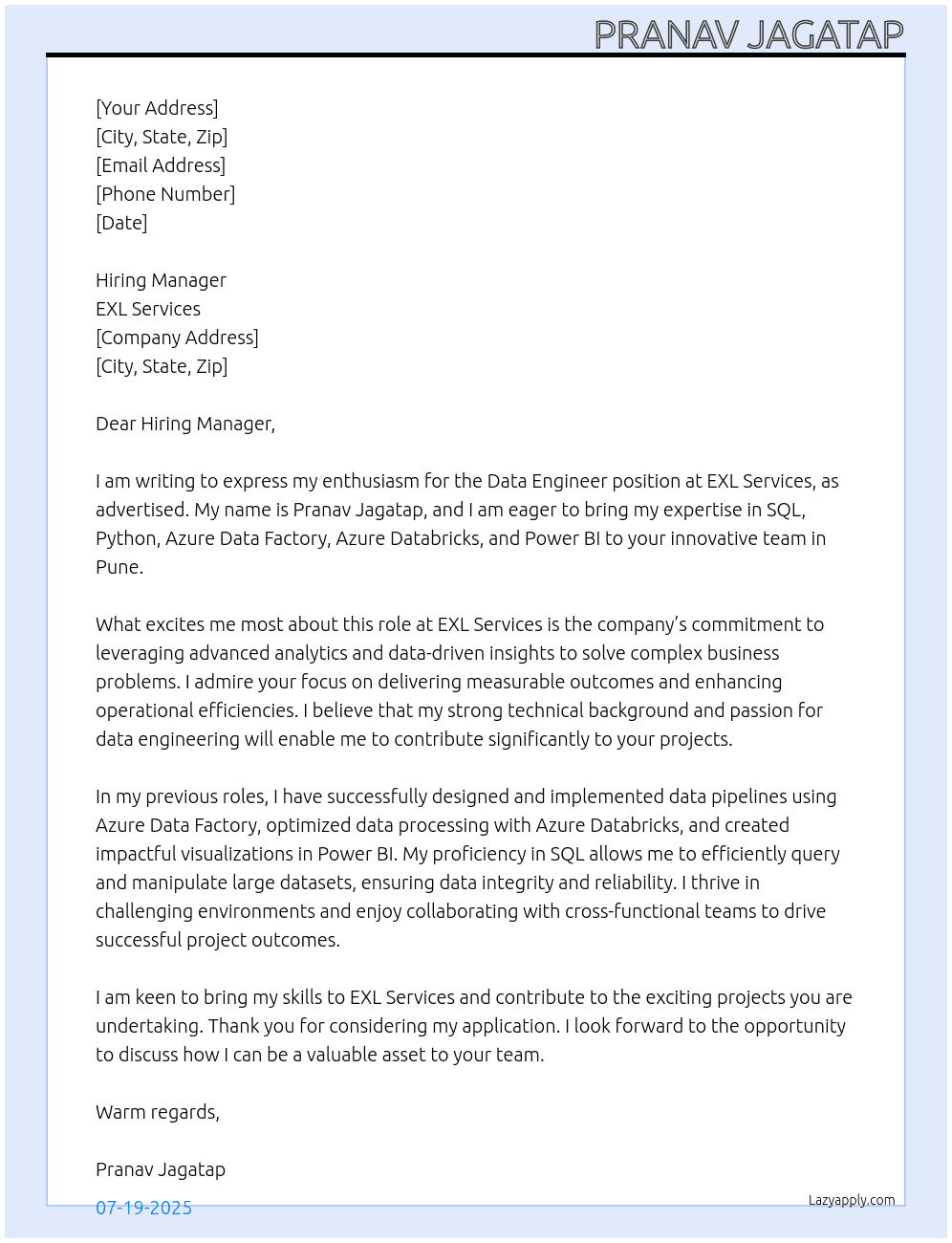 Data Engineer At EXL Services Cover Letter
