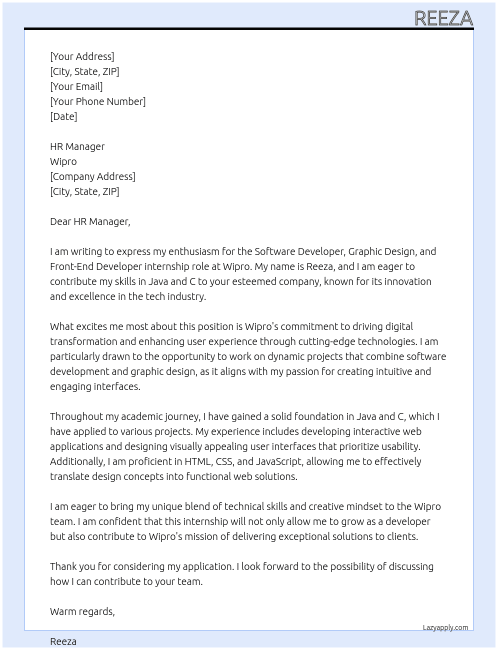 Cover letter for software developer,graphic design,front end developer - LazyApply
