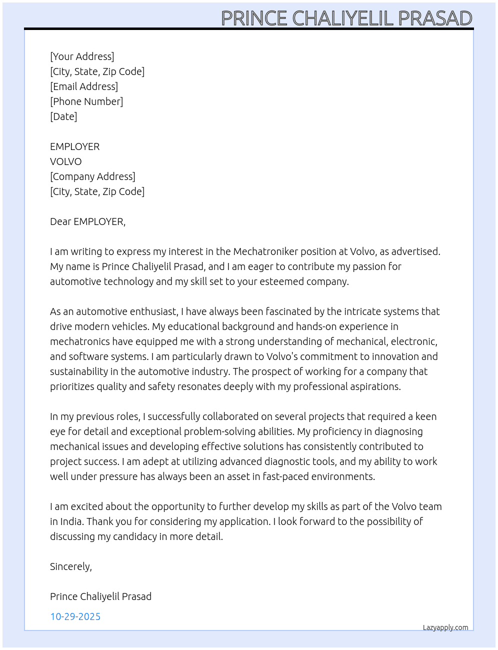 mechatroniker At VOLVO Cover Letter