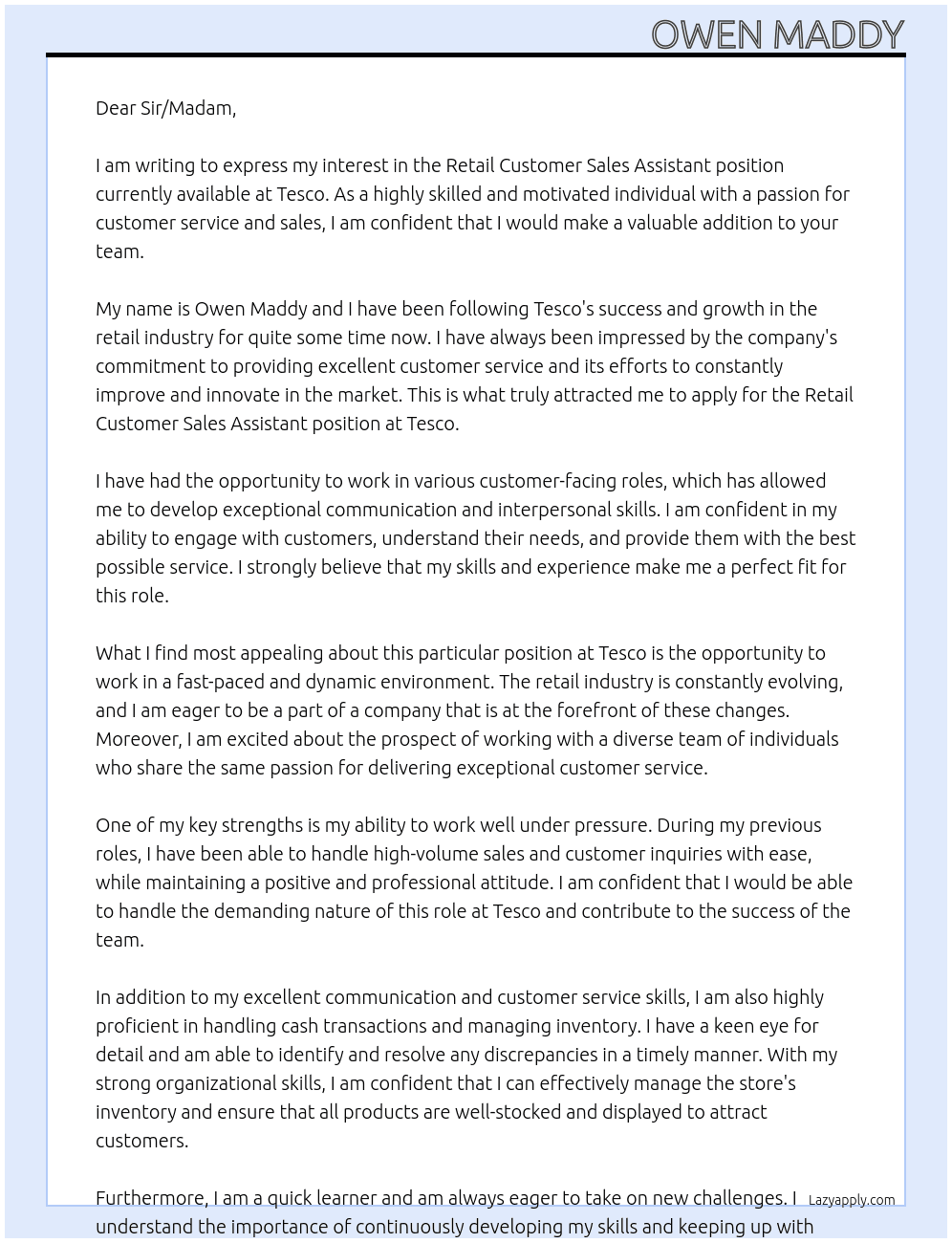 Cover letter for retail customer sales assistant - LazyApply