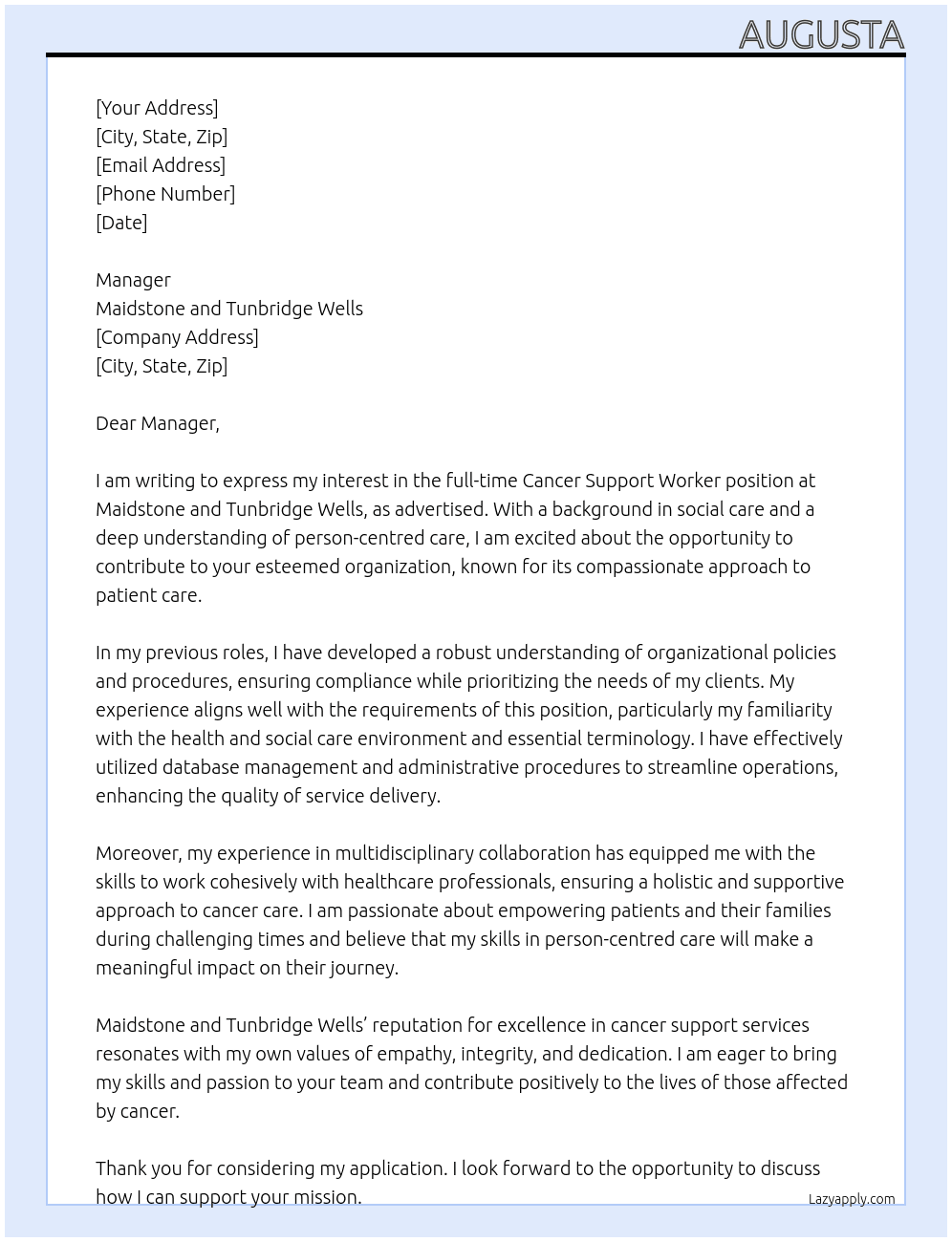 Cancer support worker  At Maidstone and Tunbridge wells Cover Letter