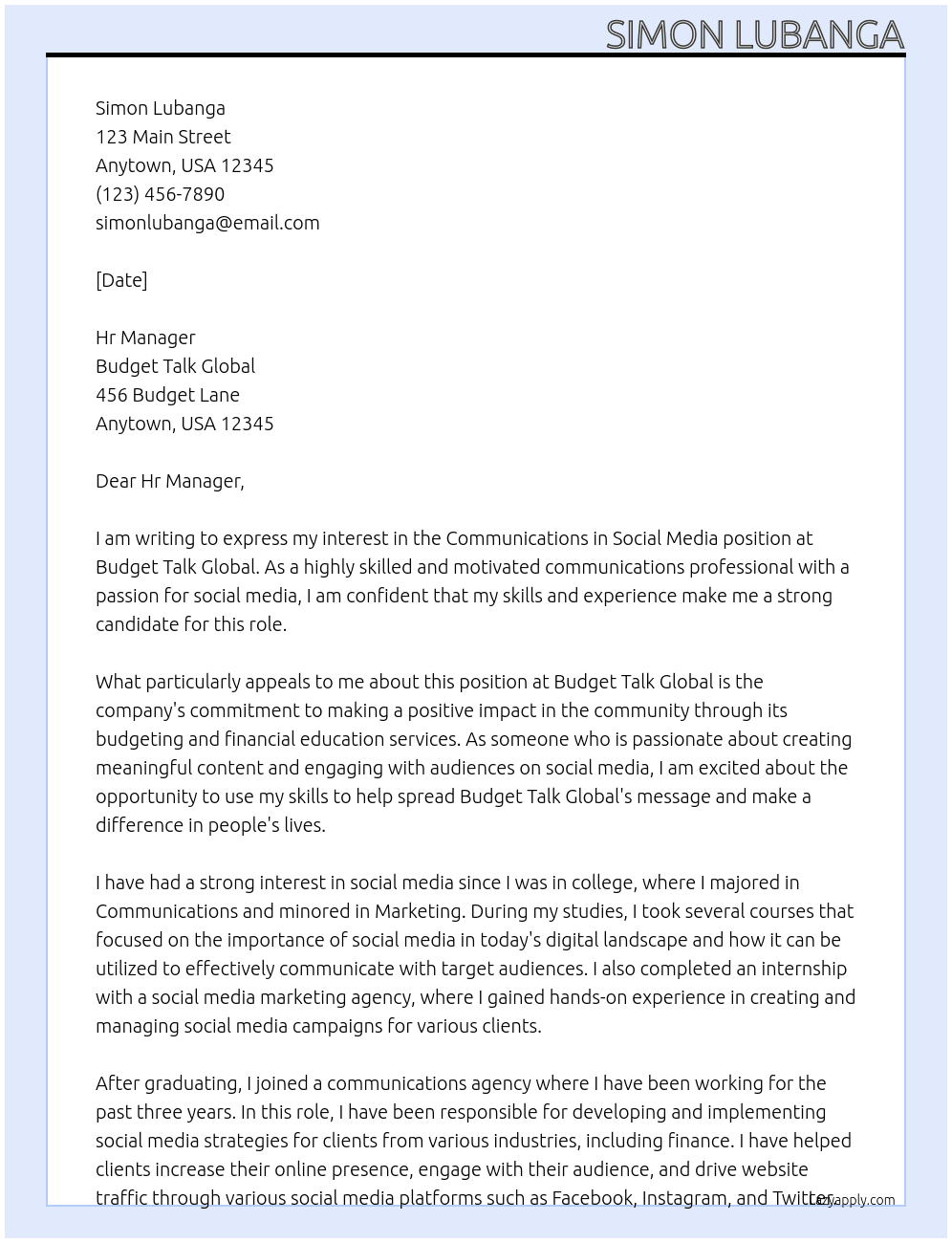 Communications in social media At Budget Talk Global Cover Letter