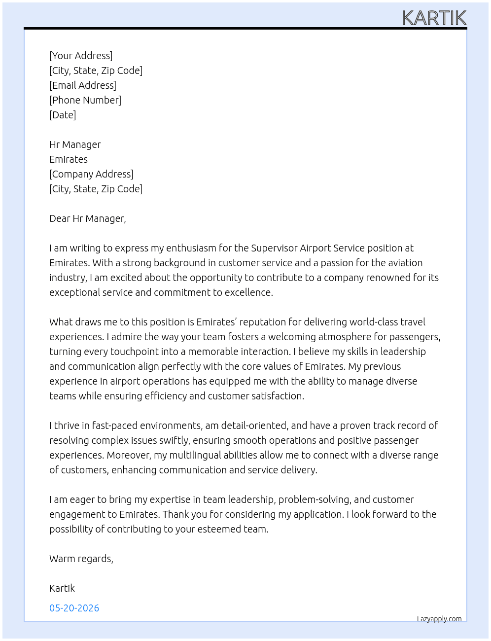 Supervisor Airport service  At Emirates  Cover Letter