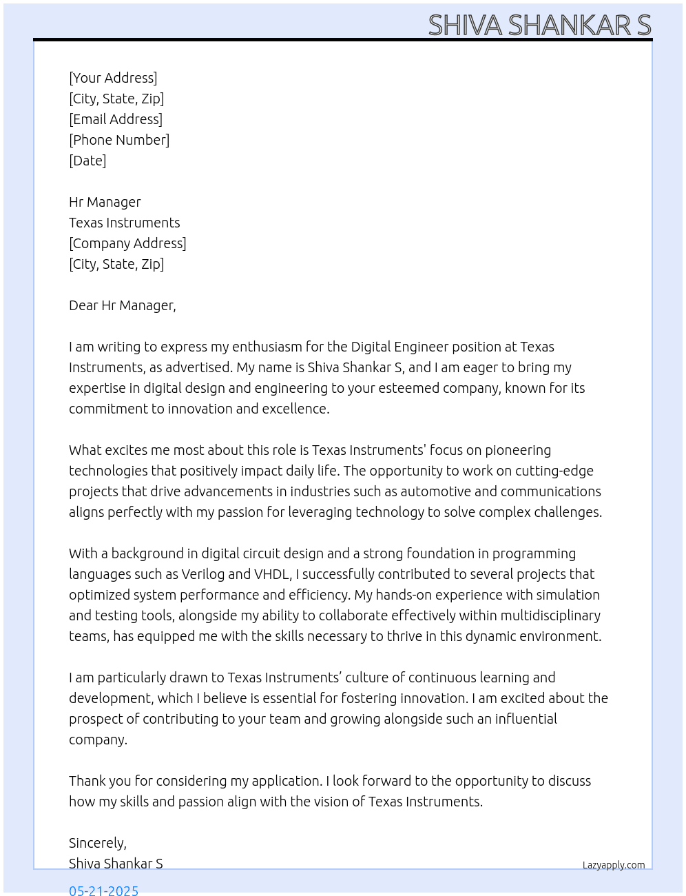 Digital Engineer At Texas Instruments Cover Letter