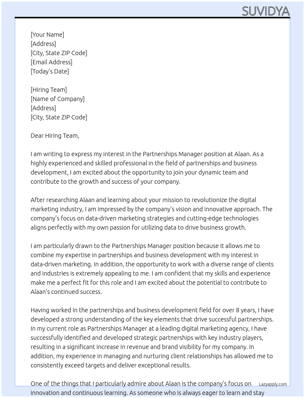 Partnerships Manager At Alaan Cover Letter