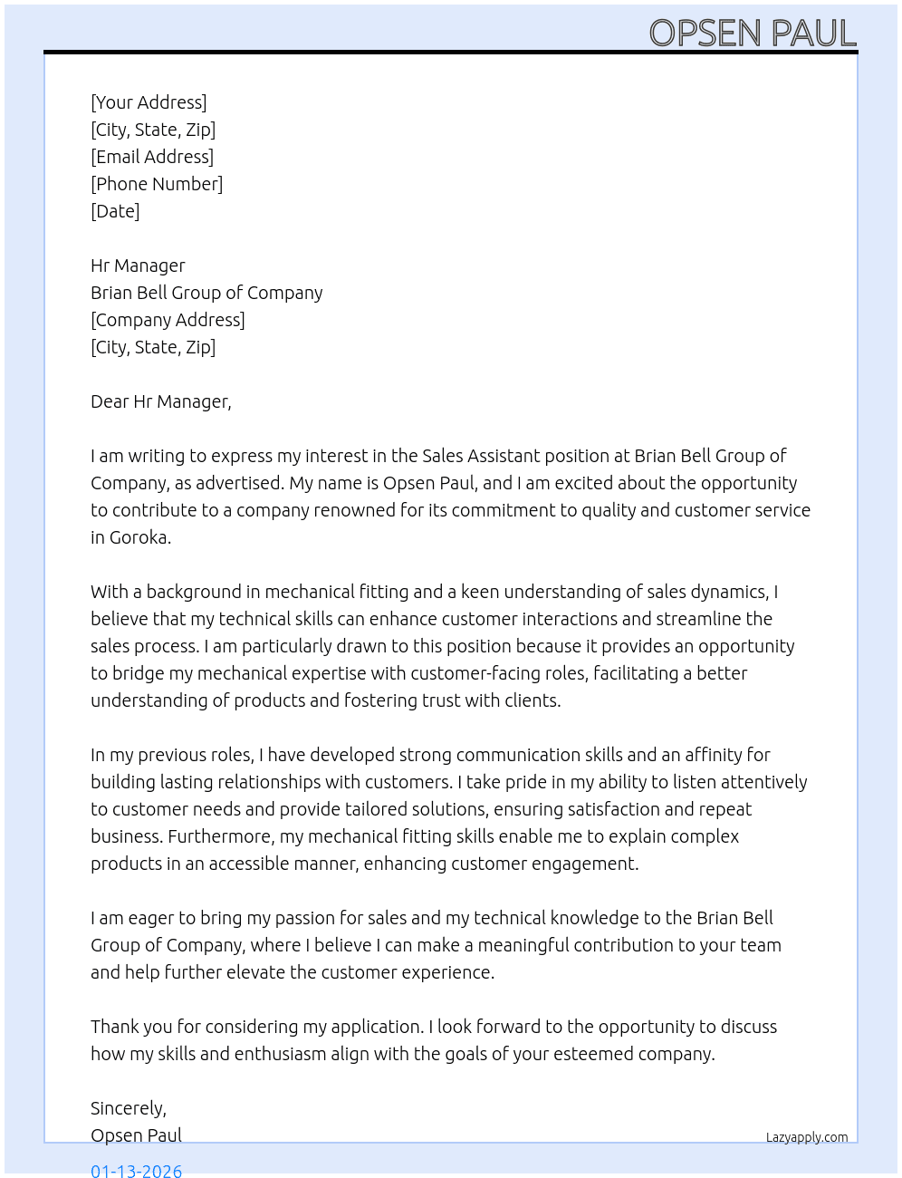 Sales assistant  At Brian Bell Group of Company Cover Letter