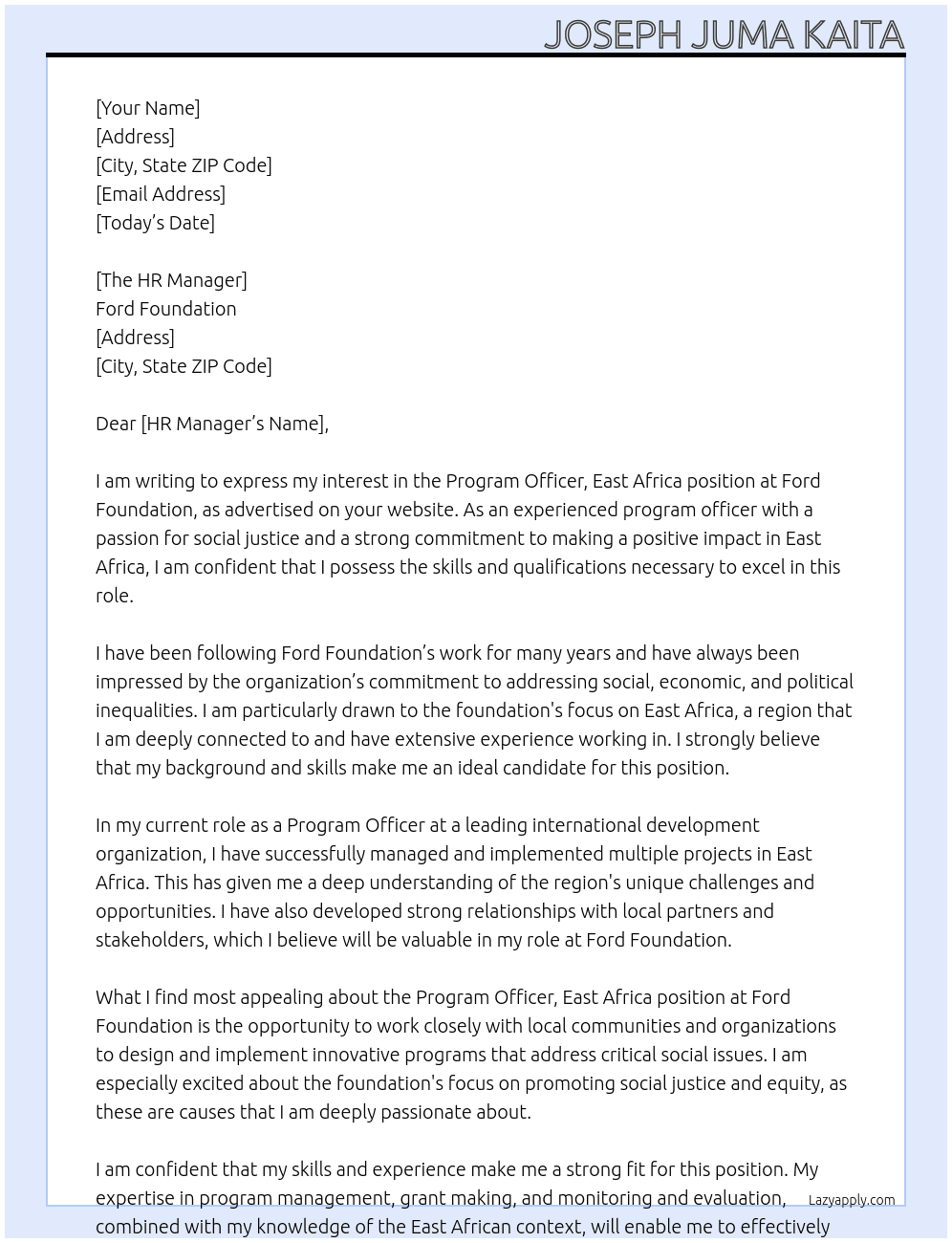 Program Officer, East Africa At Ford Foundation Cover Letter