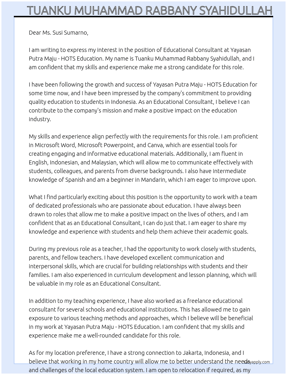 Educational Consultant At Yayasan Putra Maju - HOTS Education Cover Letter