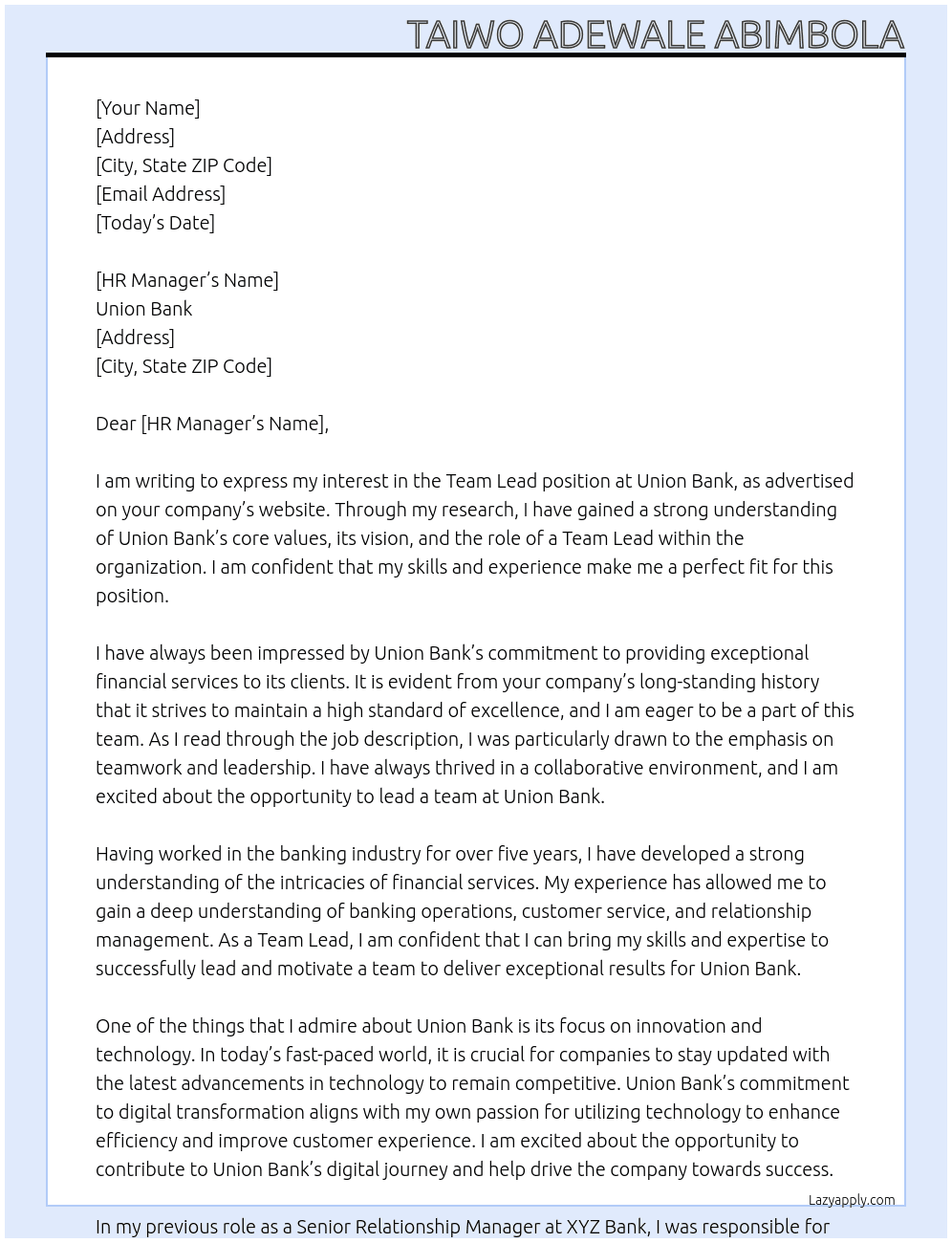 Team lead At Union bank Cover Letter