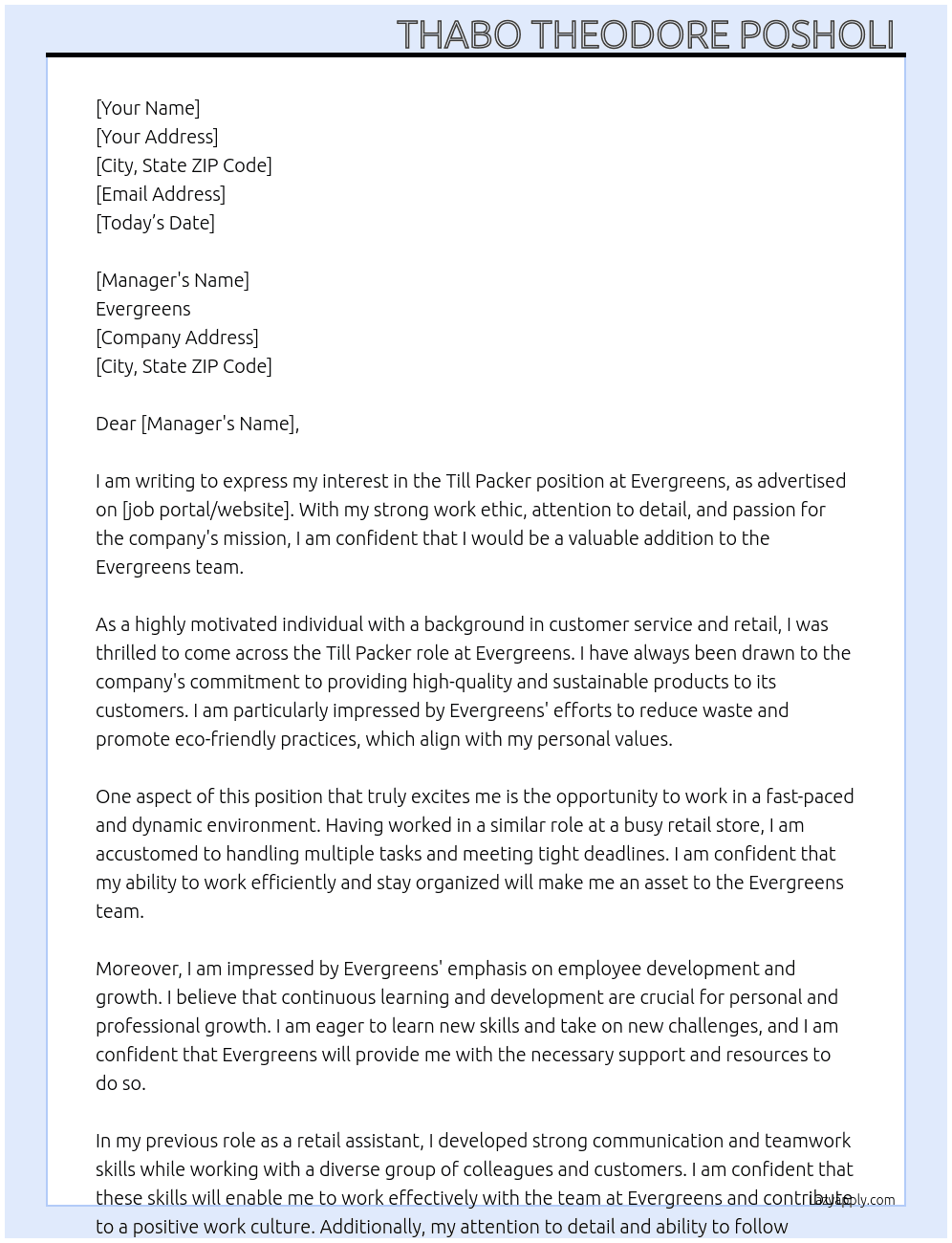Till packer At Evergreens  Cover Letter