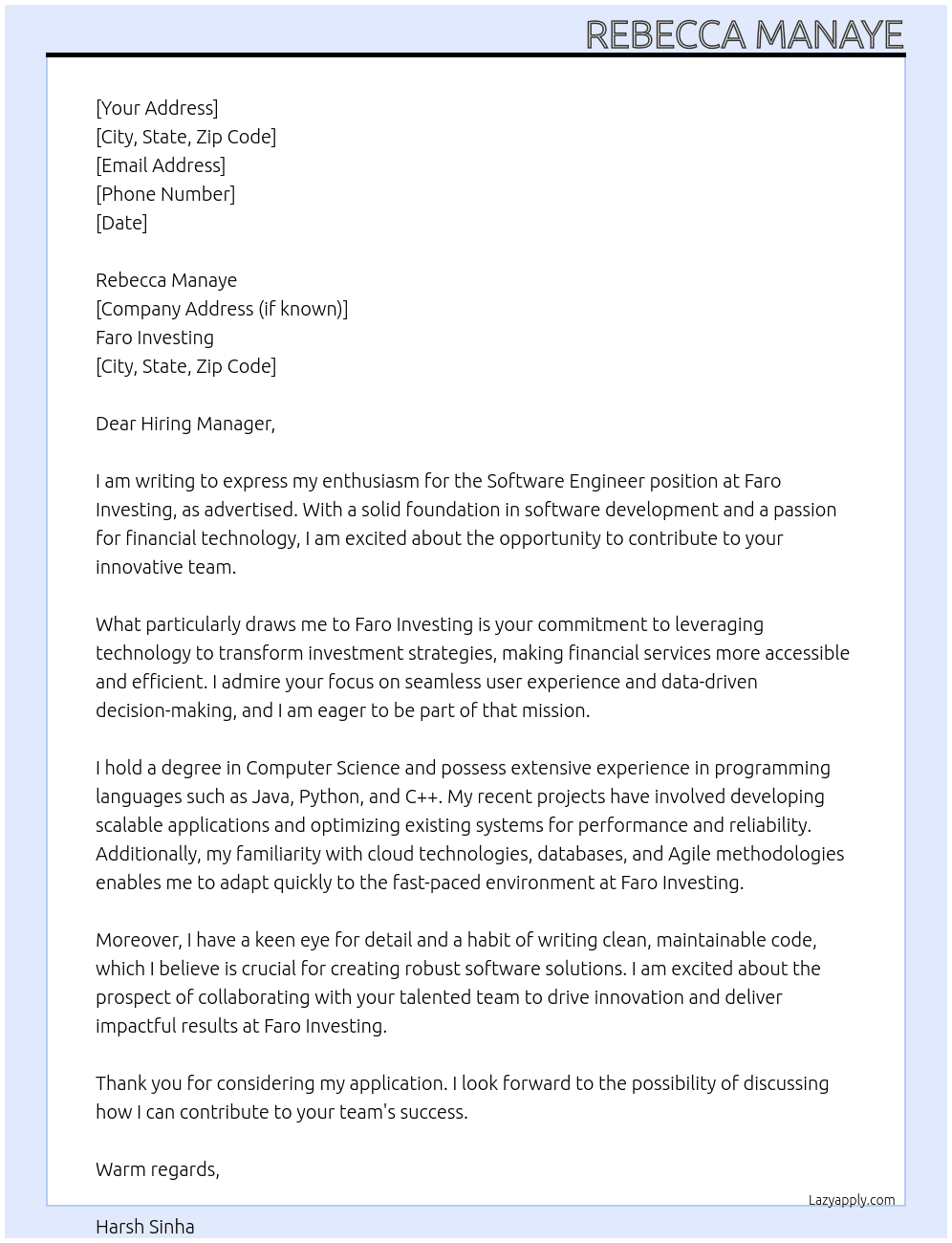 Software engineer At Faro Investing Cover Letter