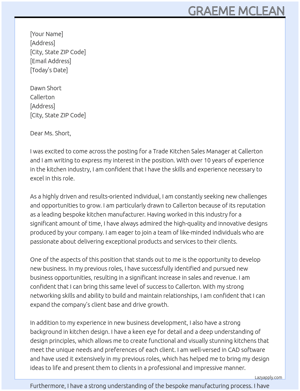 Trade kitchen Sales Manager  At Callerton  Cover Letter