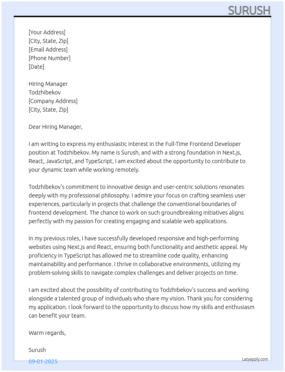 Cover letter for frontend - LazyApply