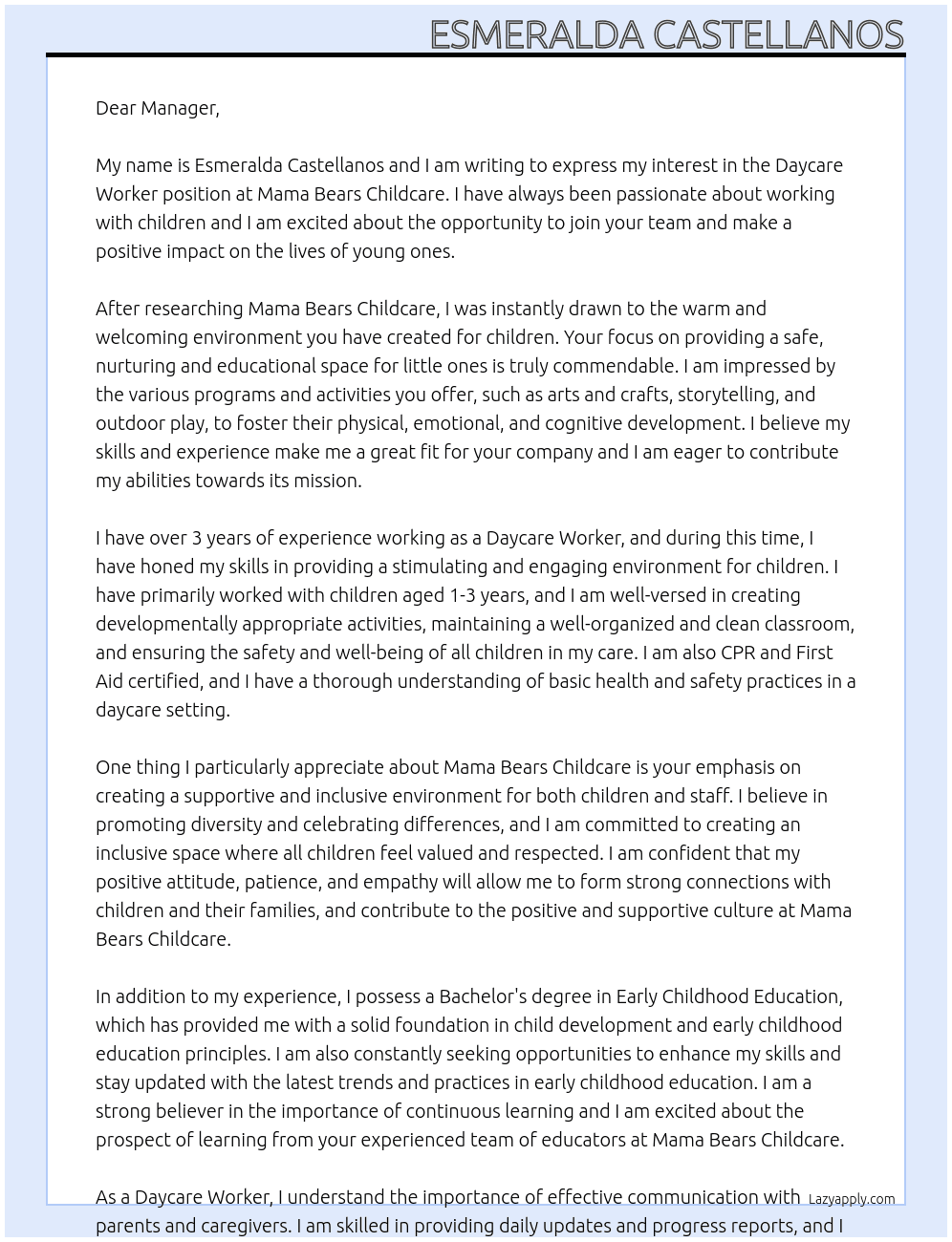 Daycare worker At Mama Bears Childcare Cover Letter