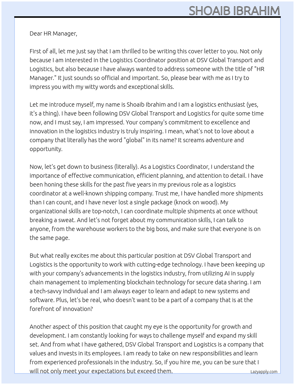 Logistics coordinator At DSV Global transport and Logistics Cover Letter