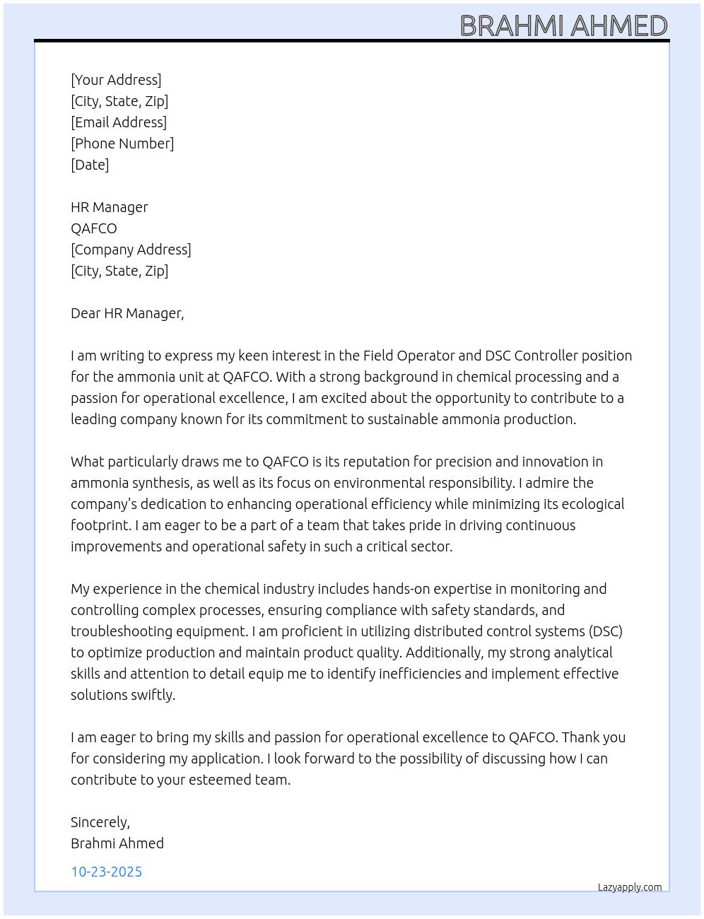 Feild operator and DSC controller of ammonia unit  At QAFCO  Cover Letter