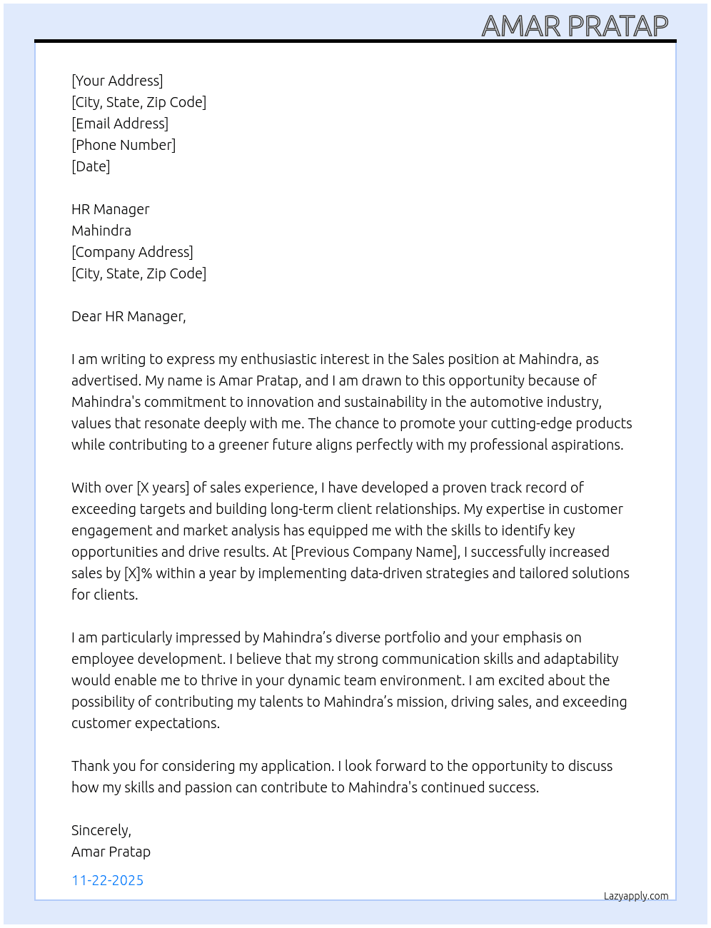 Sells  At Mahindra  Cover Letter