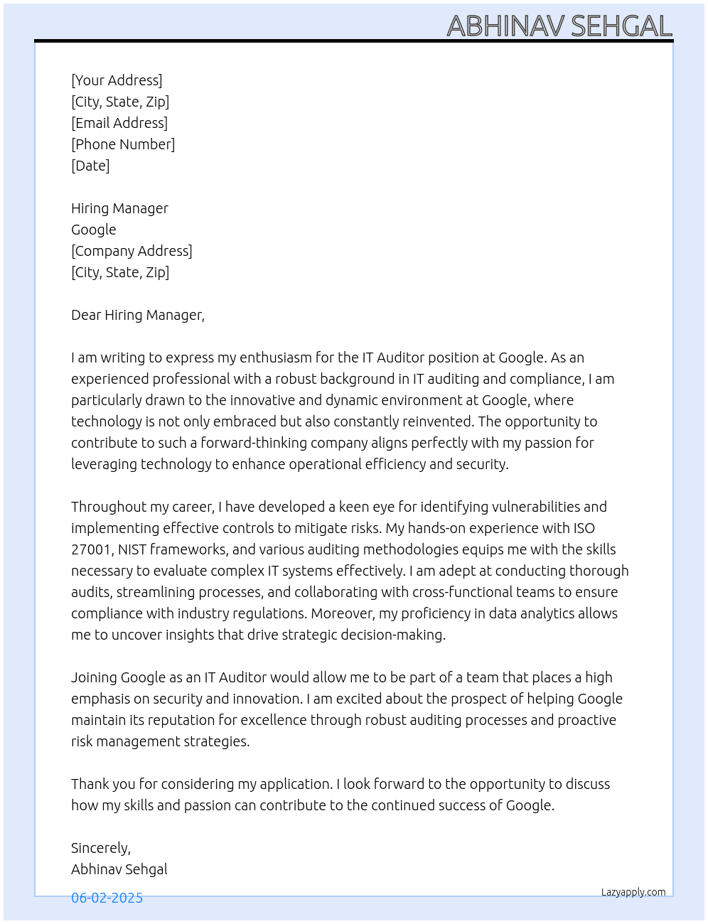 Cover letter for it auditor - LazyApply