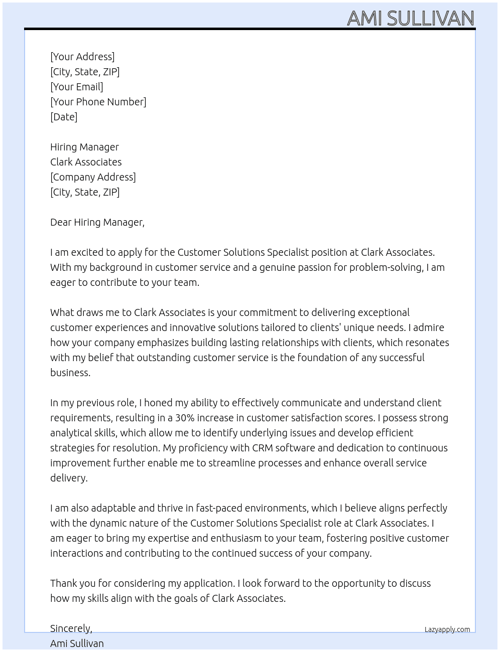 customer solutions specialists At clark associates Cover Letter