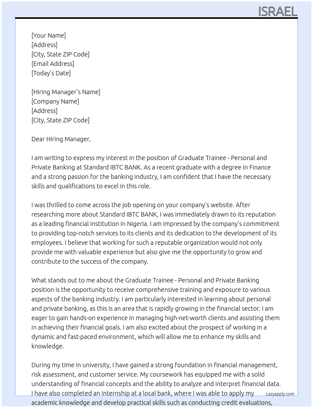 Graduate trainee - personal and private banking At Standard IBTC BANK  Cover Letter