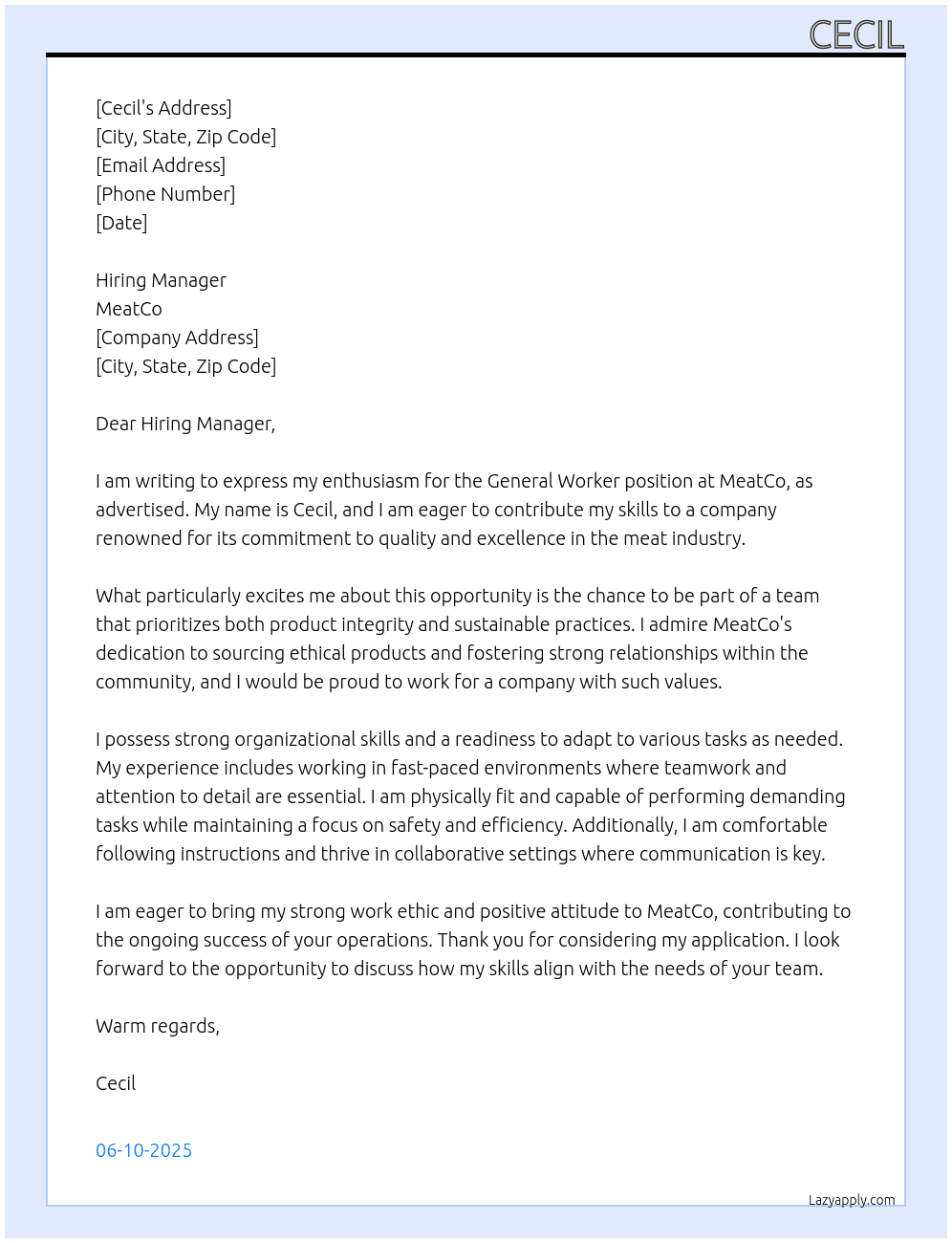 general worker At meatco Cover Letter