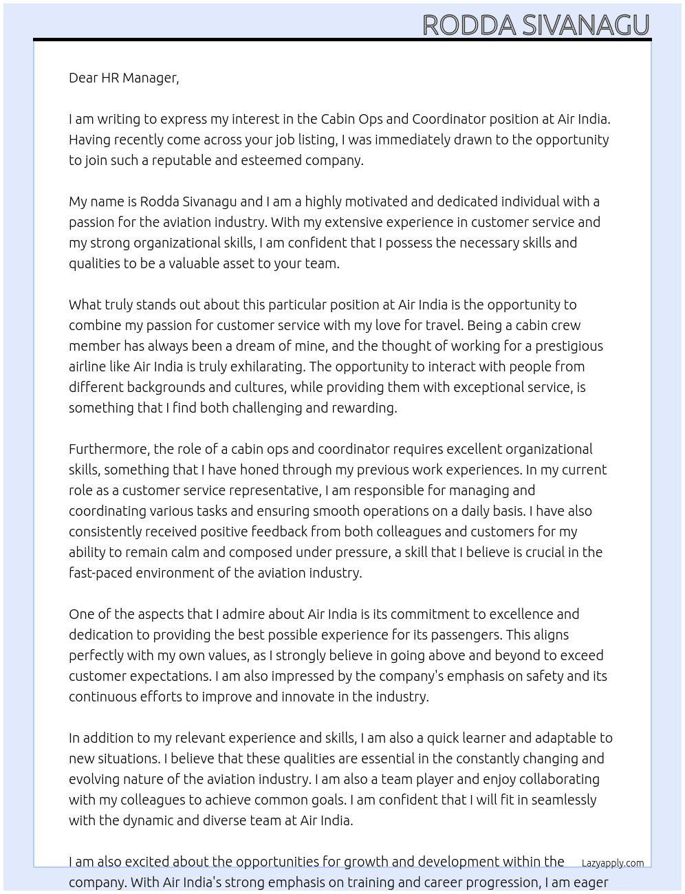 Cover letter for cabin ops and coordinator - LazyApply