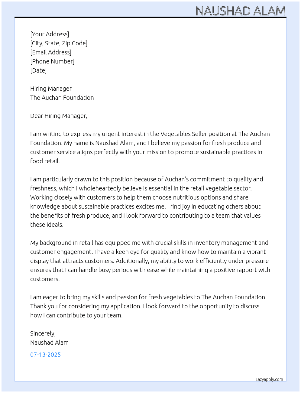 Vegetables seller  At The Auchan Foundation  Cover Letter