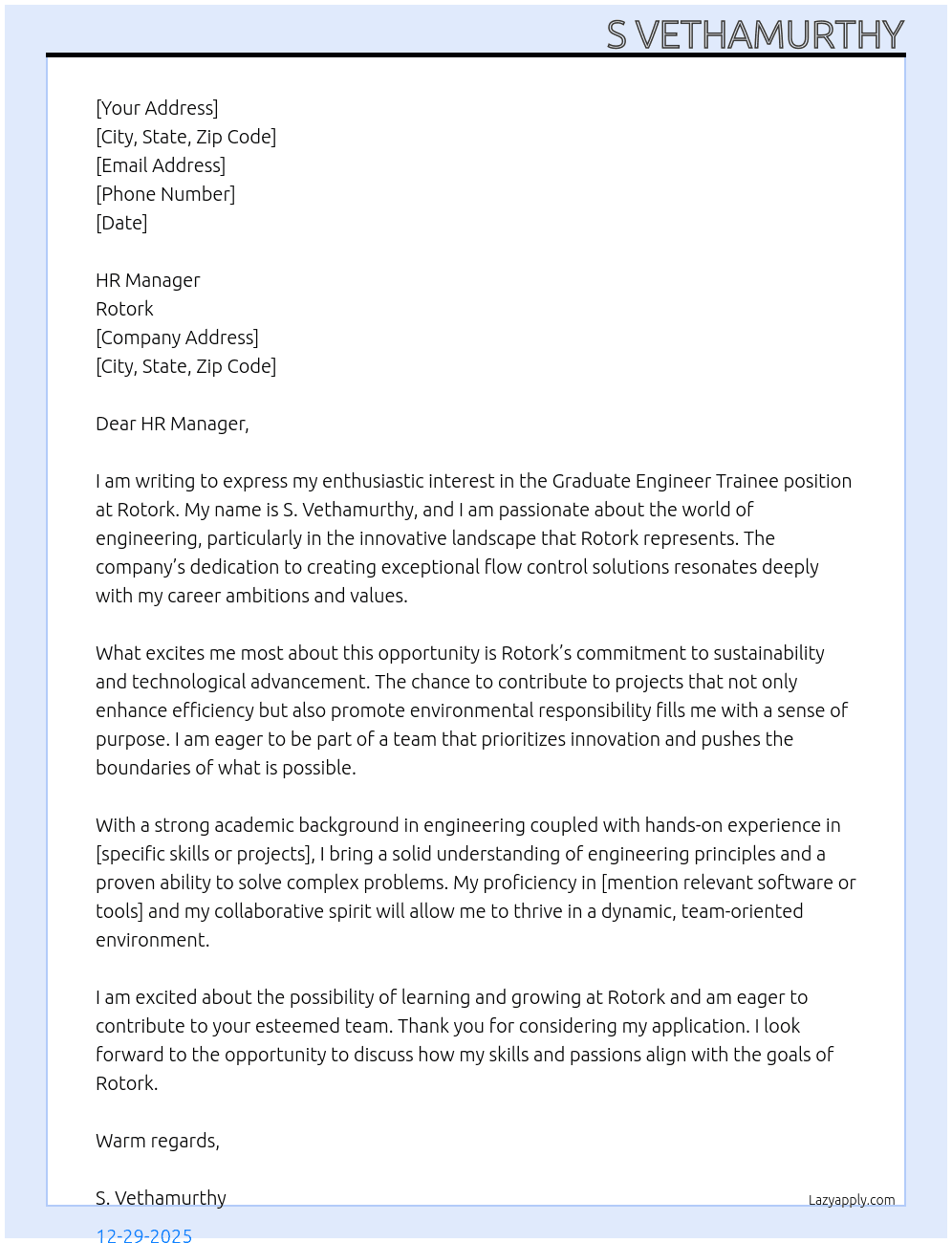 Graduate engineer trainee At Rotork Cover Letter