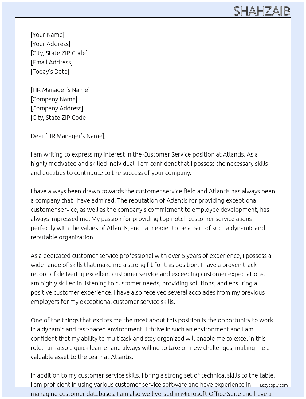 Customer  service  At Atlantis  Cover Letter