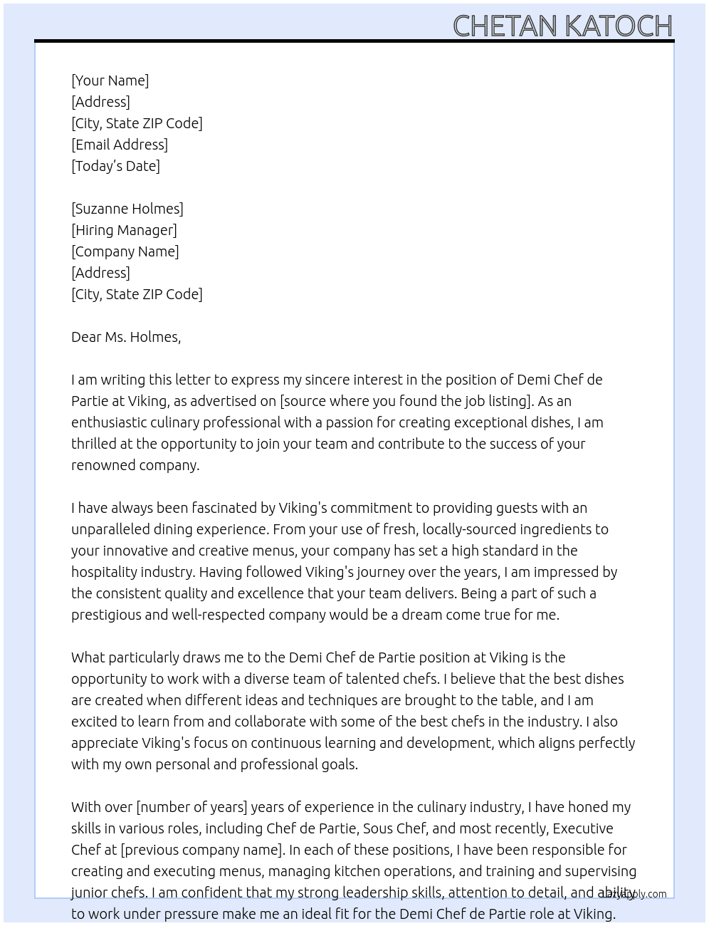 DEMI CHEF DE PARTIE At VIKING Cover Letter