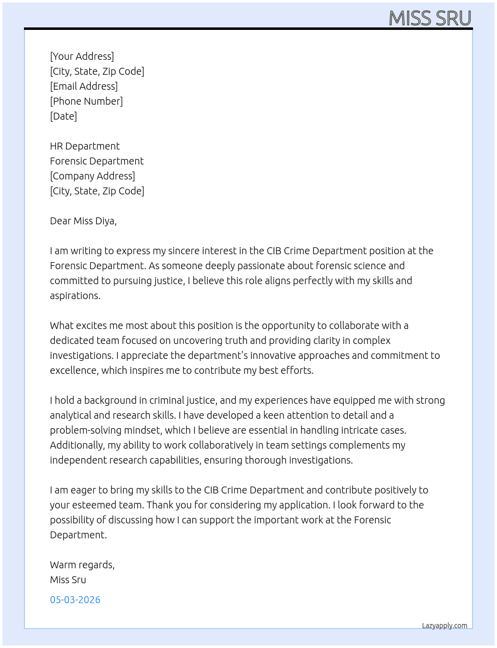cib crime dipartment At FORENSIC DEPARTMENT Cover Letter