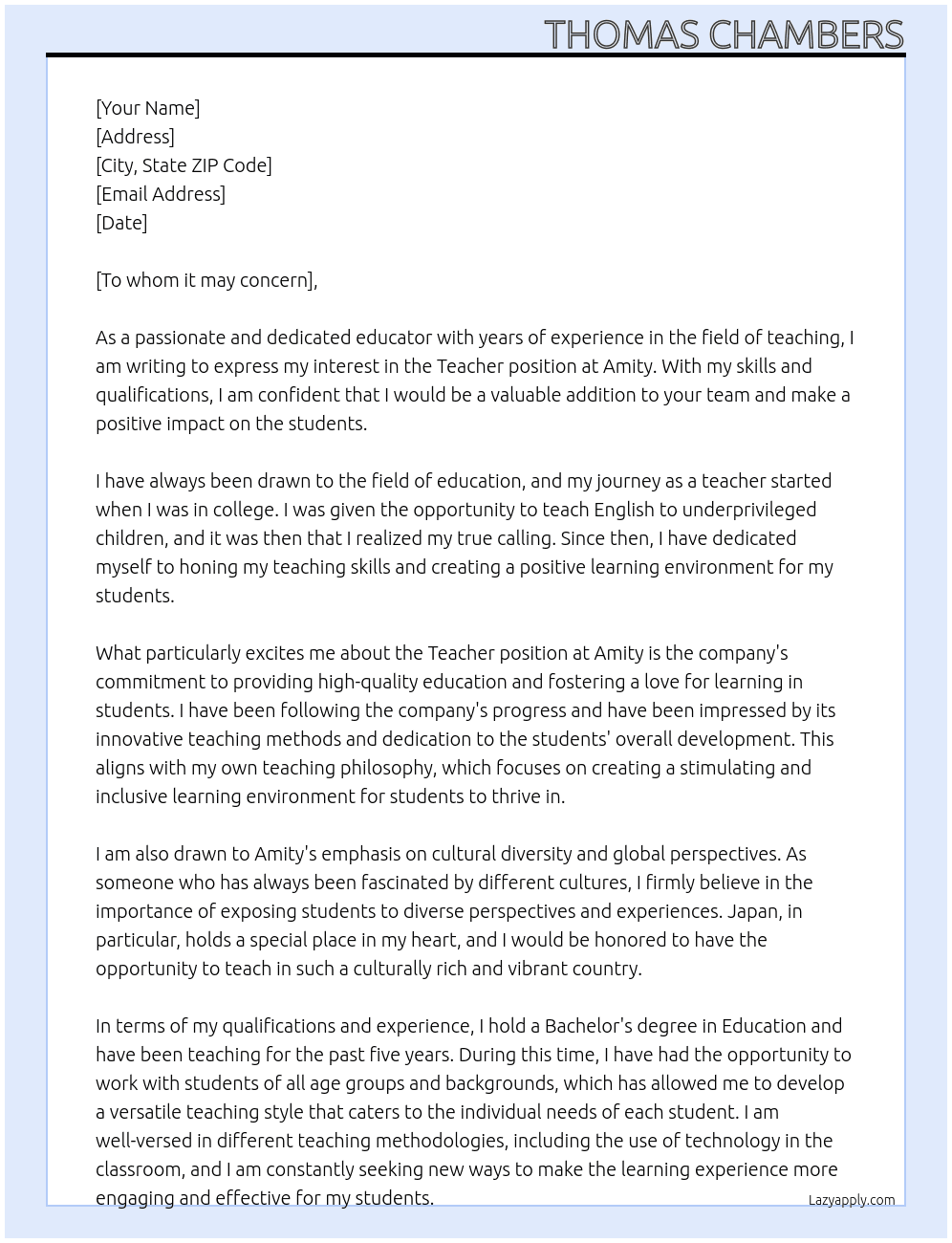 Teacher At  Amity Cover Letter
